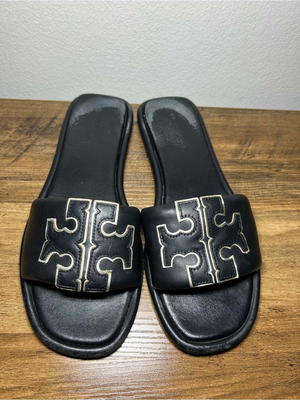 Tory Burch Black Slide Sandals with Cream Logo Stitching